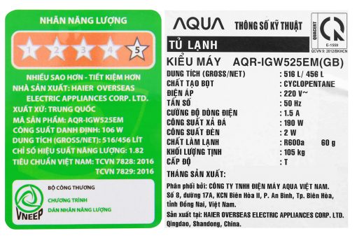 Tu Lanh Aqua Inverter 456 Lit Aqr Igw525em Gb
