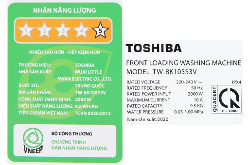 May Giat Toshiba Inverter 9.5 Kg TW BK105S3V(SK)