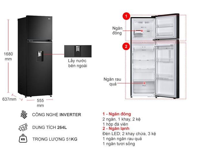 Tủ lạnh LG Inverter 264 lít GV-D262BL - Điện Máy Hưng Thịnh